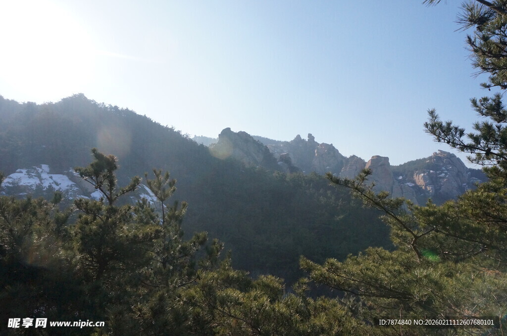 阳光照耀下的山林与远山