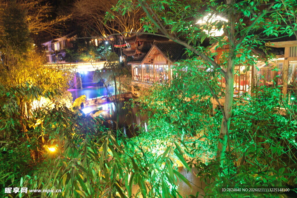 夜间绿植环绕的梦幻小屋