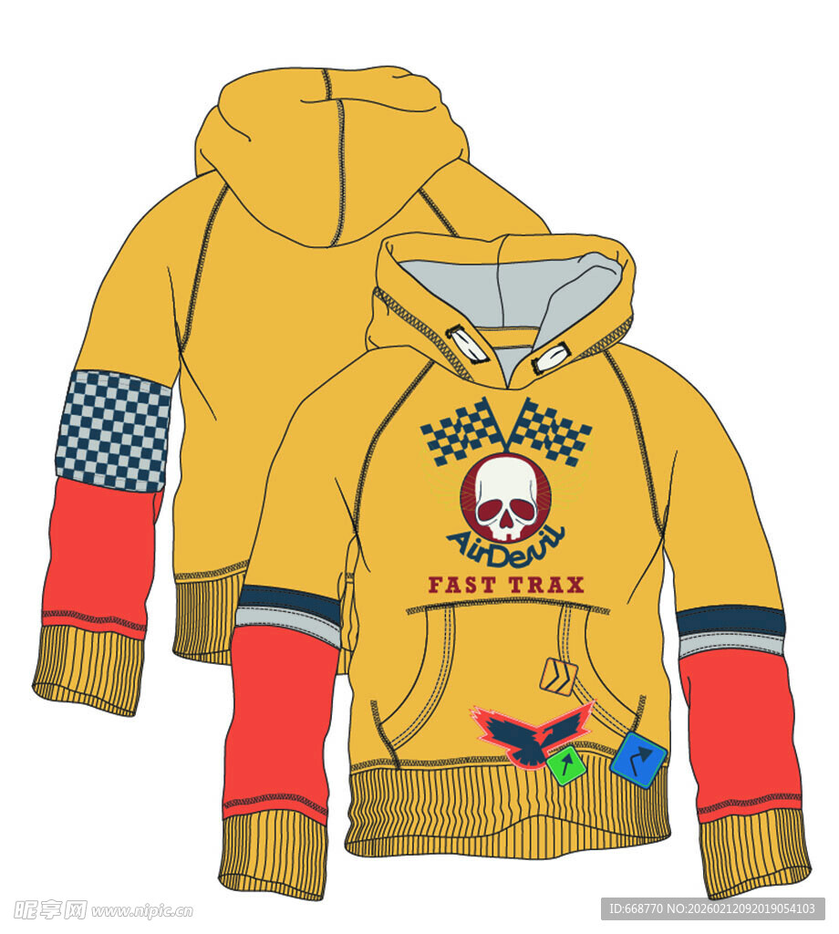 个性印花连帽卫衣款式图