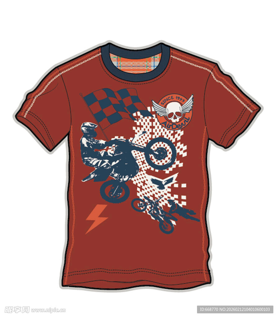 红色摩托印花短袖T恤