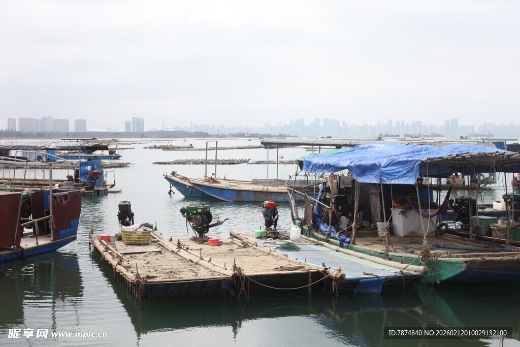 湛江港口停泊的船只与棚屋