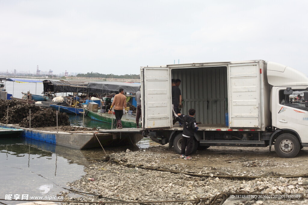 湛江河边装卸货物的卡车场景