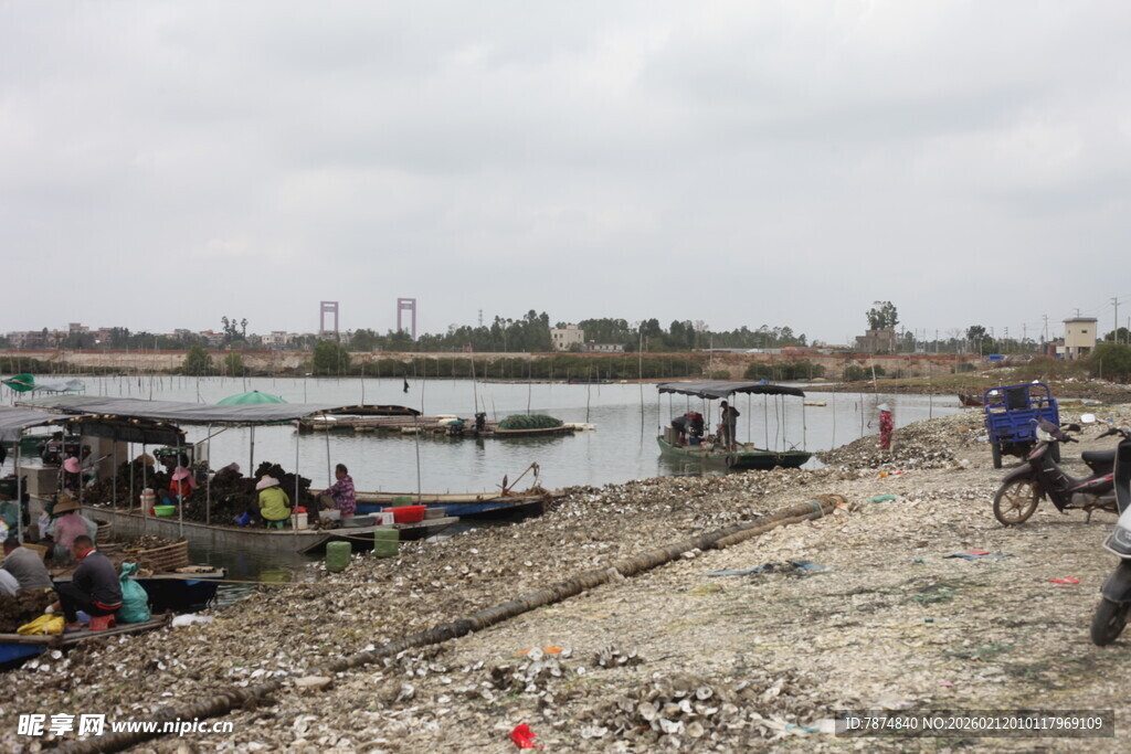 湛江河边人群聚集的生活场景