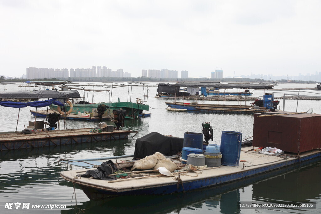 湛江港口停泊的多艘作业船只