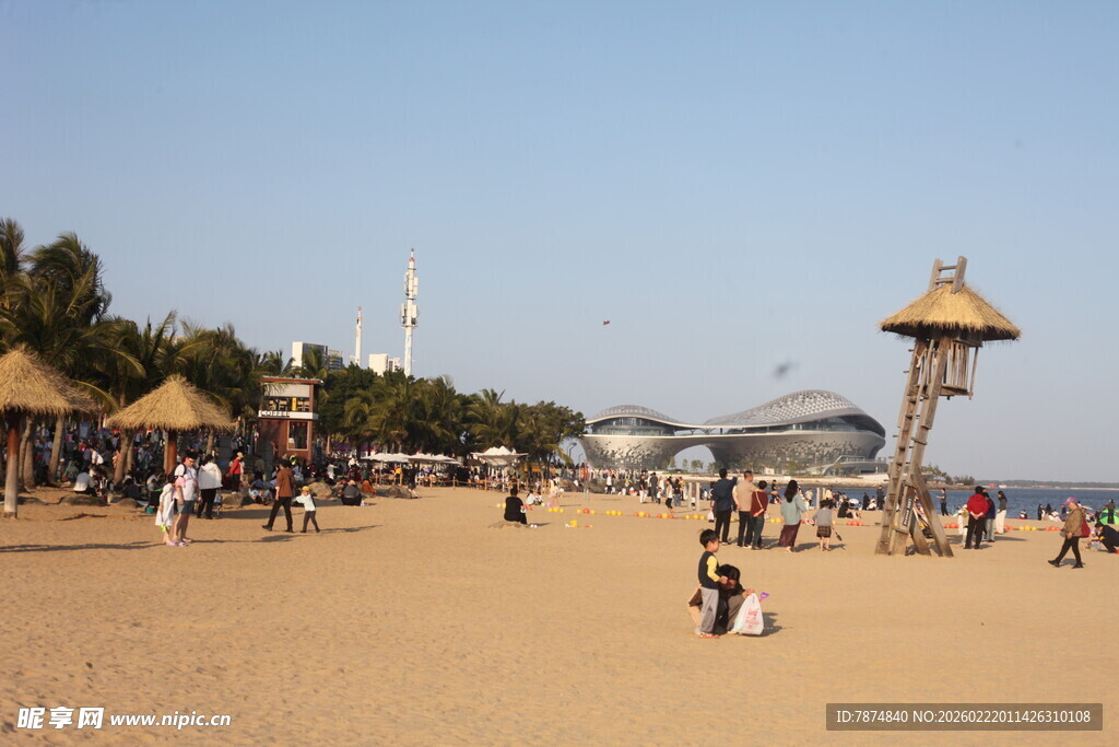 热闹的海滨沙滩游玩场景