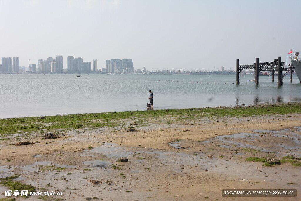 海边独行者与远处城市景观