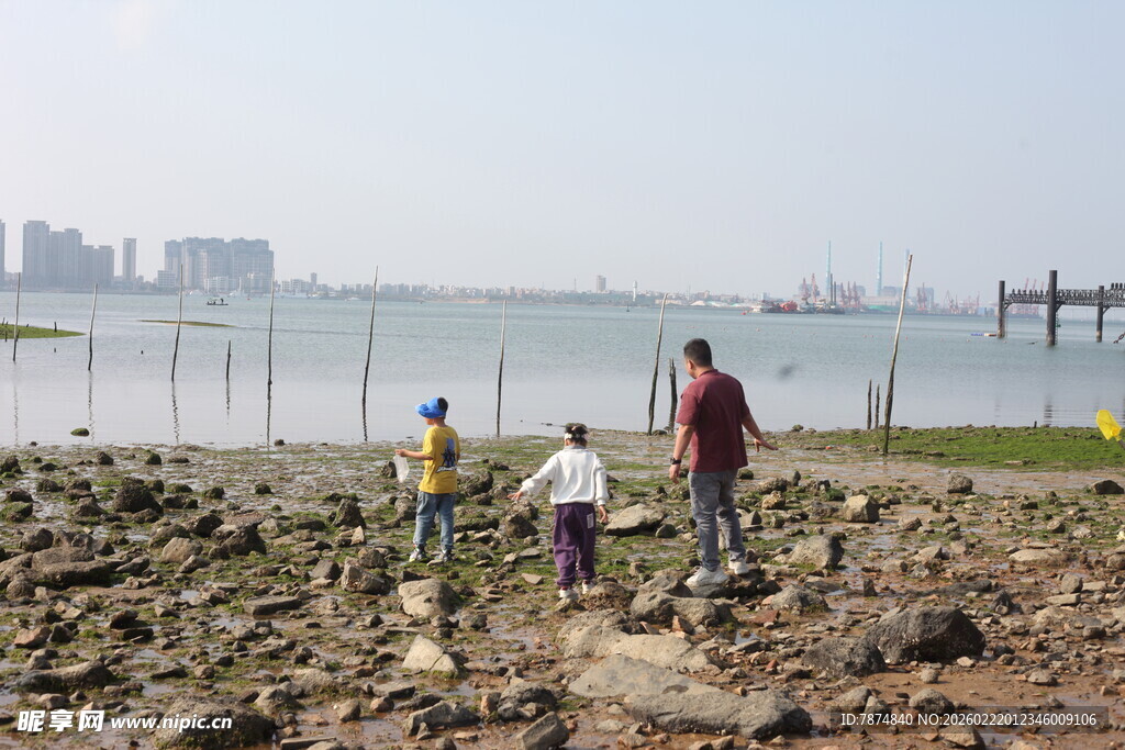 海边岩石上的亲子游玩场景