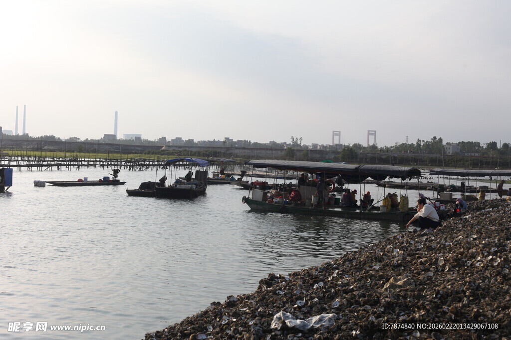 河畔船只停靠景象