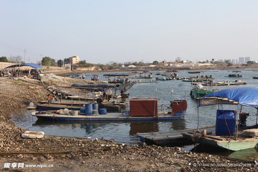 岸边停泊的多彩船只