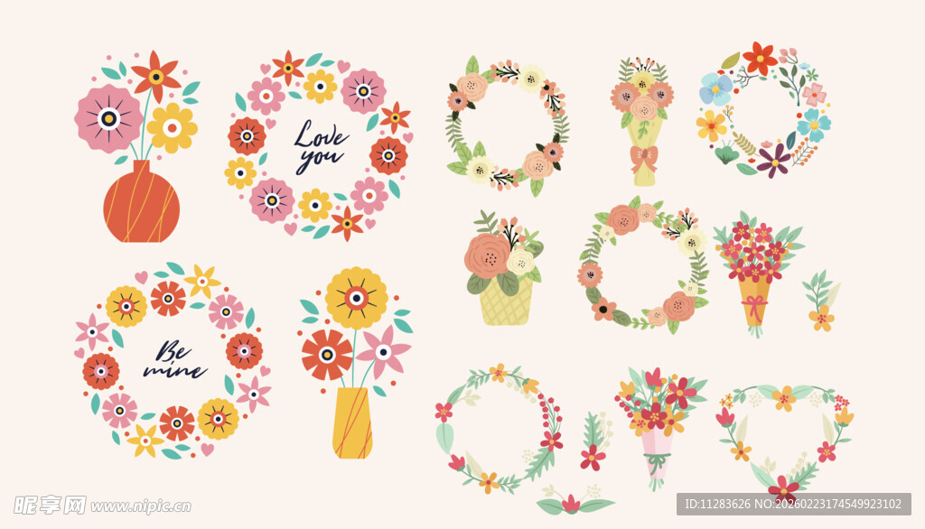 多彩手绘花环图案集合