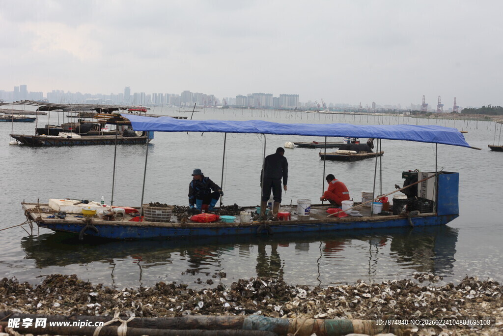 岸边停泊的蓝色渔船