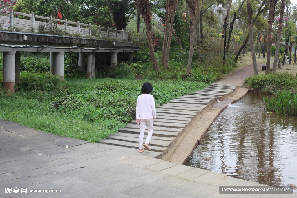 女子漫步于林间木栈道