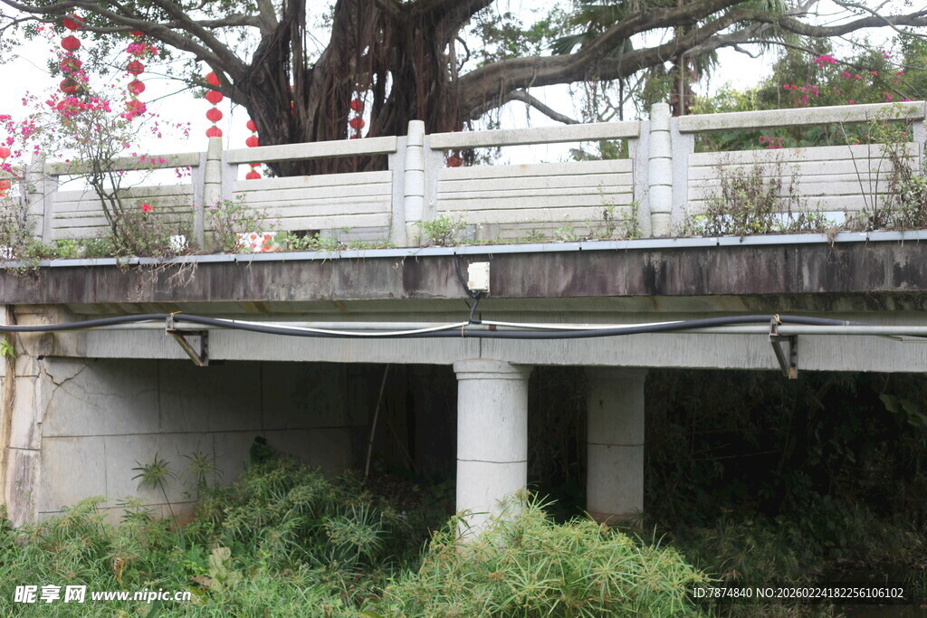 古朴石桥伴绿植与繁花