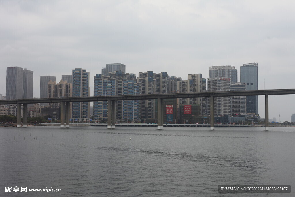 城市河畔高楼与桥梁景观