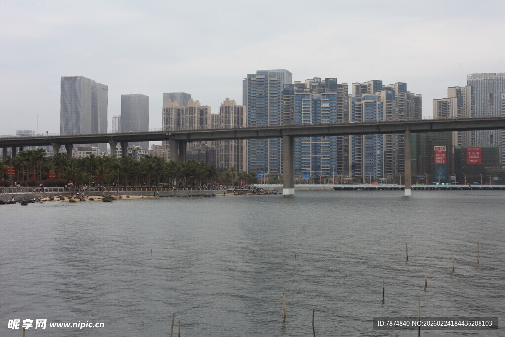 河畔城市景观 桥梁横跨水域