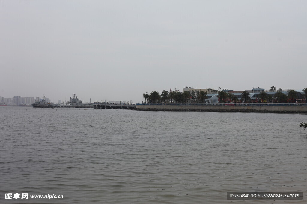 海滨风光 远处船只与树木