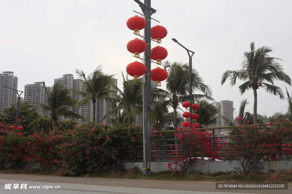 城市街道上的喜庆红灯笼
