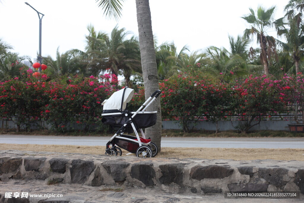路边的婴儿车与绿植景观