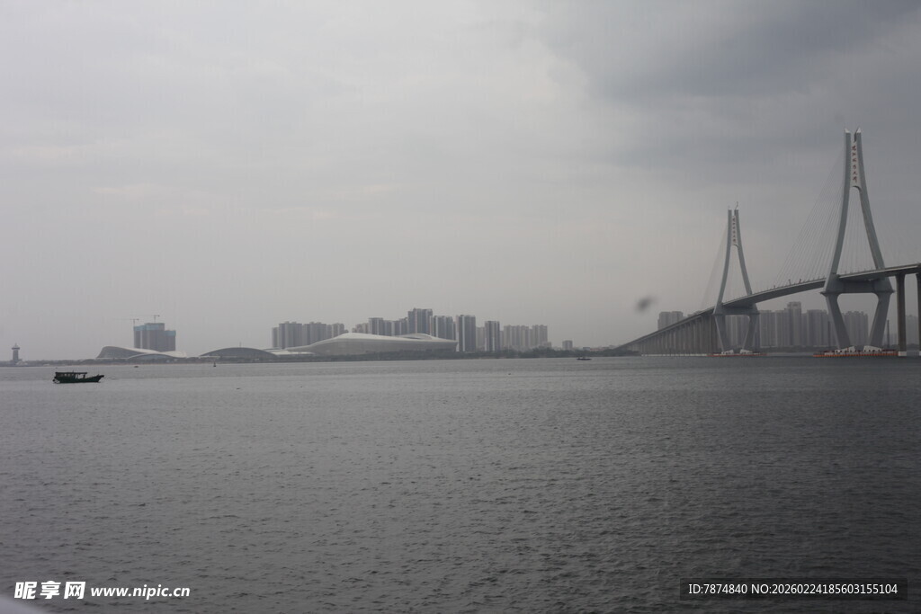 雾中江面与跨海大桥景象