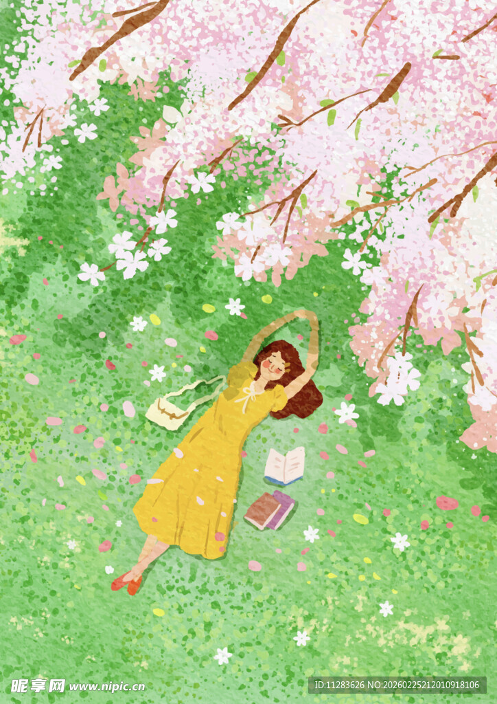 女孩于樱花树下惬意休憩