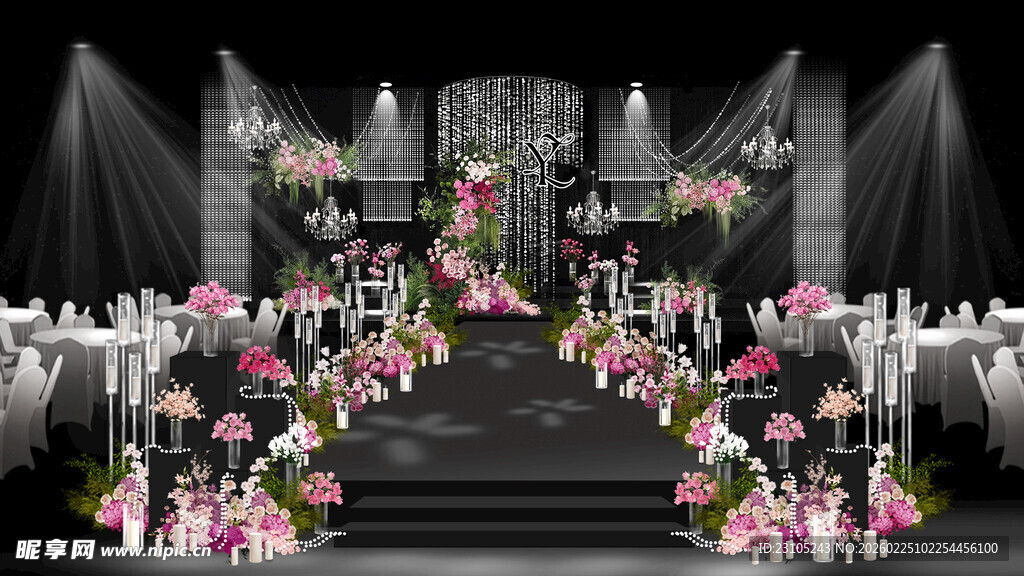 韩式水晶枚红色婚礼舞台效果图