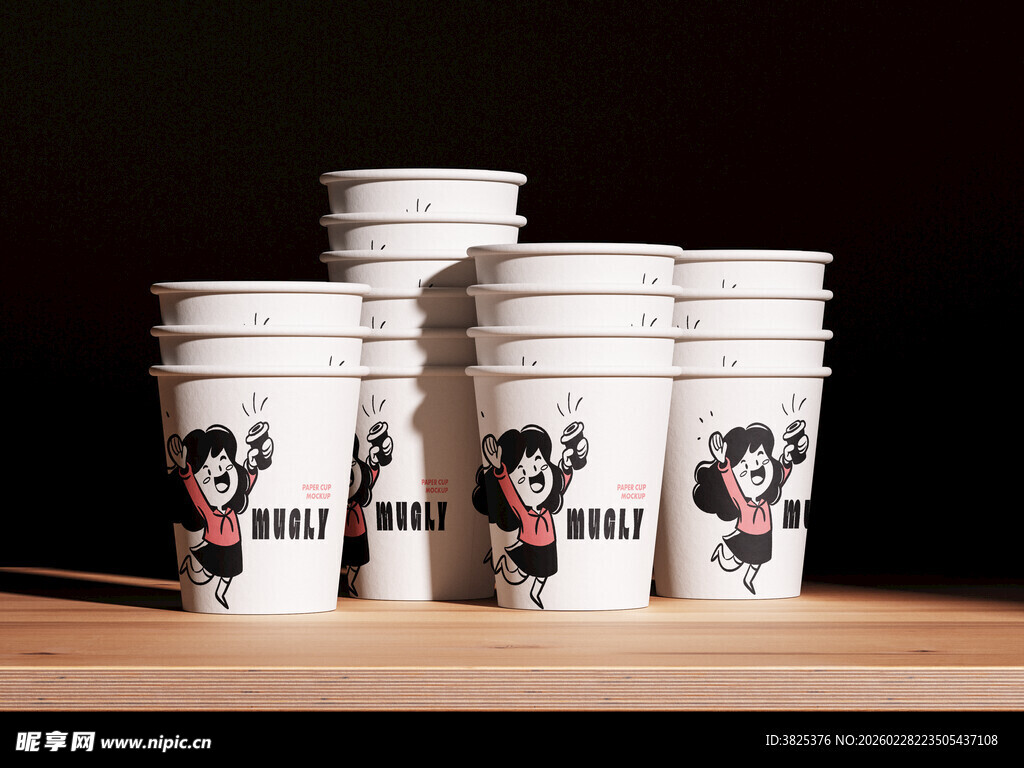 堆叠的卡通图案纸杯展示样机
