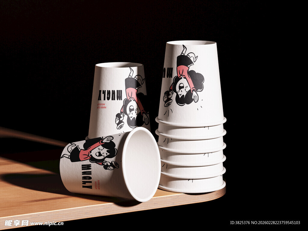 堆叠的卡通图案纸杯展示样机