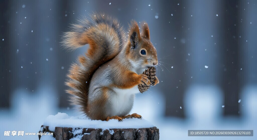 雪地中进食的可爱松鼠