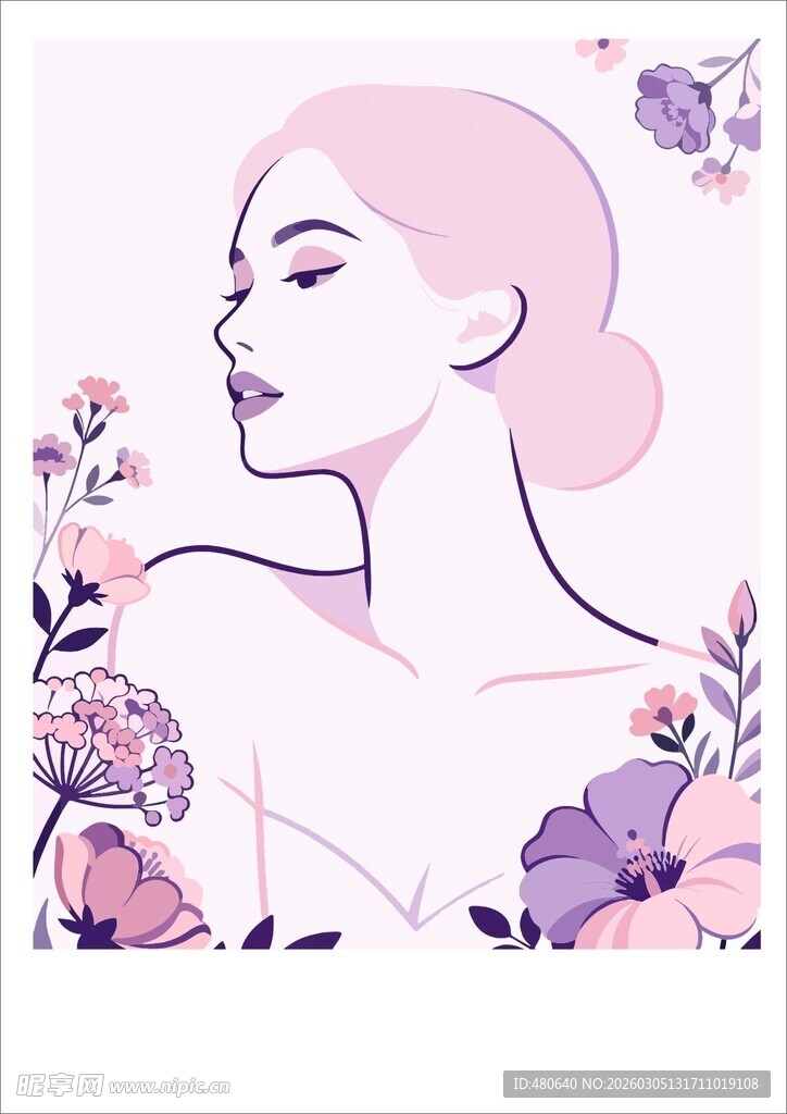 优雅花卉环绕的美丽侧脸
