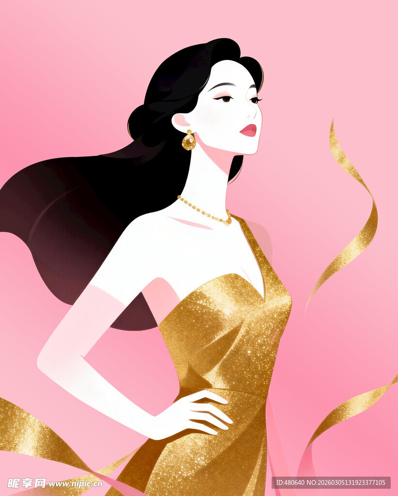 38妇女金色礼服女子的优雅瞬间