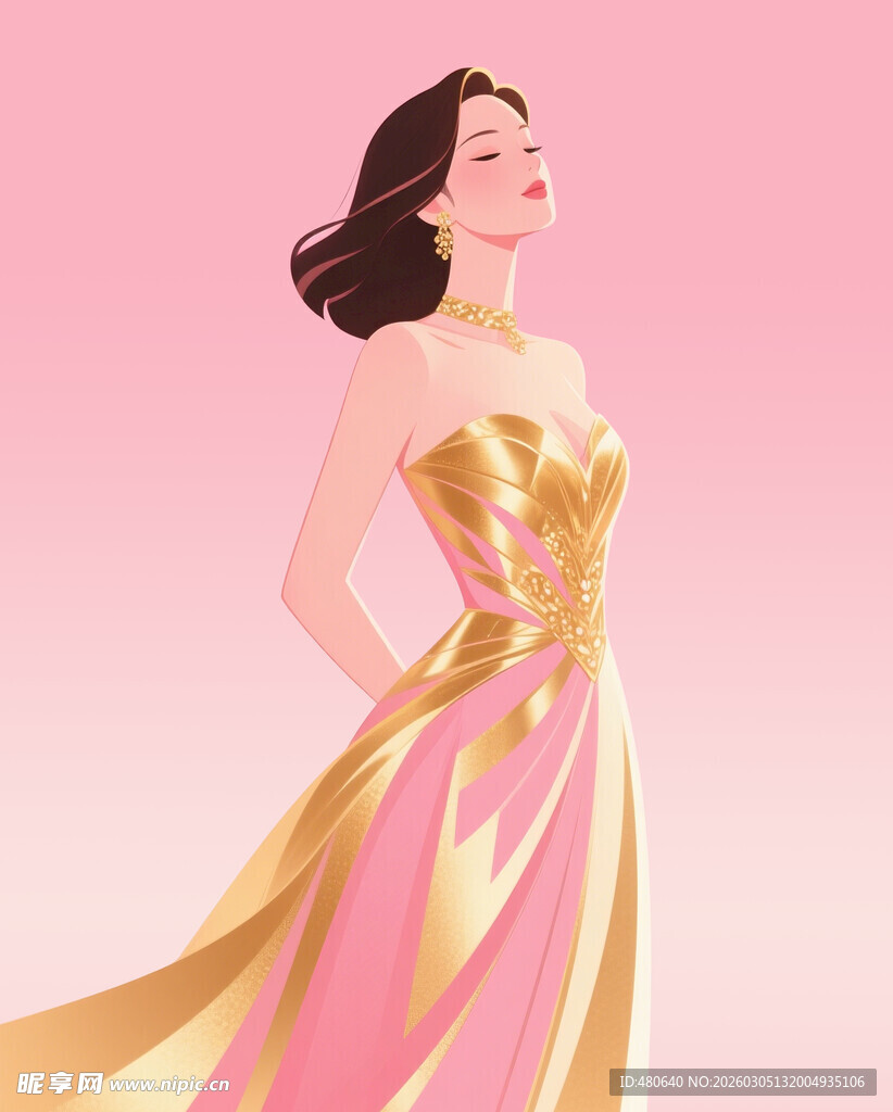 身着金裙的优雅女性