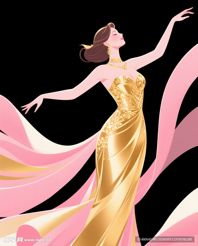 金色舞裙女子优雅起舞