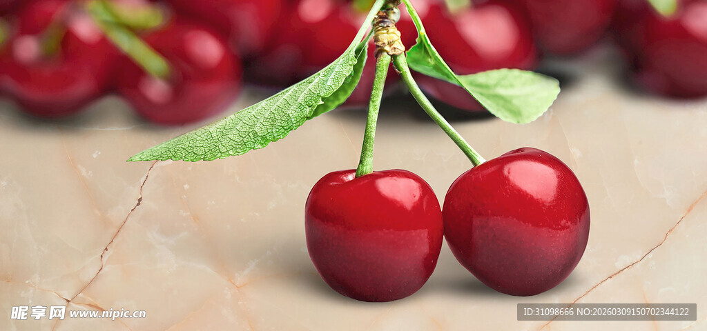 新鲜红樱桃摆放在桌面上