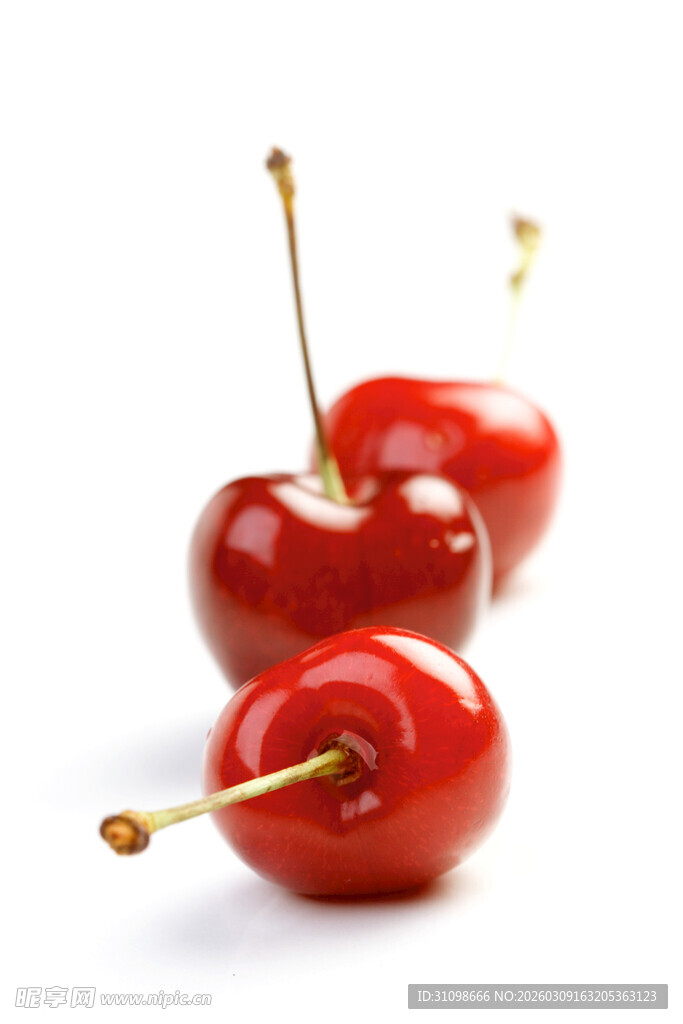 三颗鲜红饱满的甜樱桃