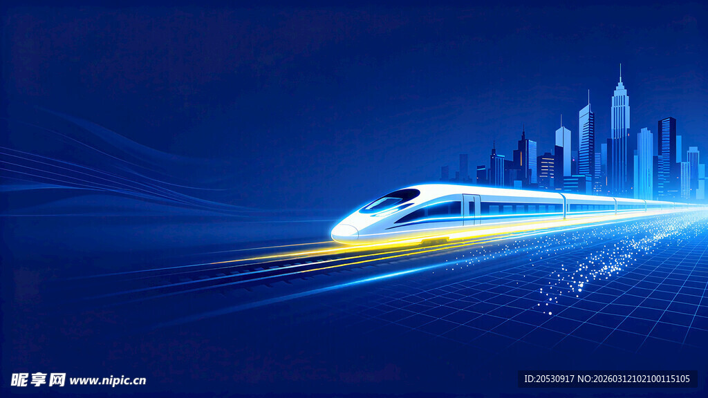 高速列车穿梭于城市夜景