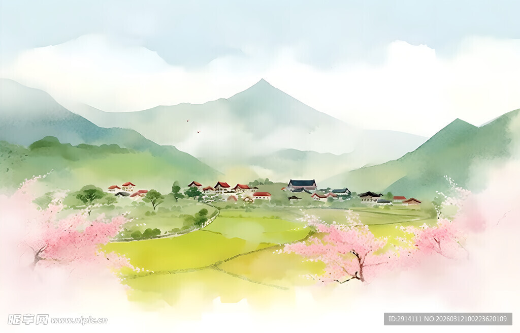 春日山村水彩风景图