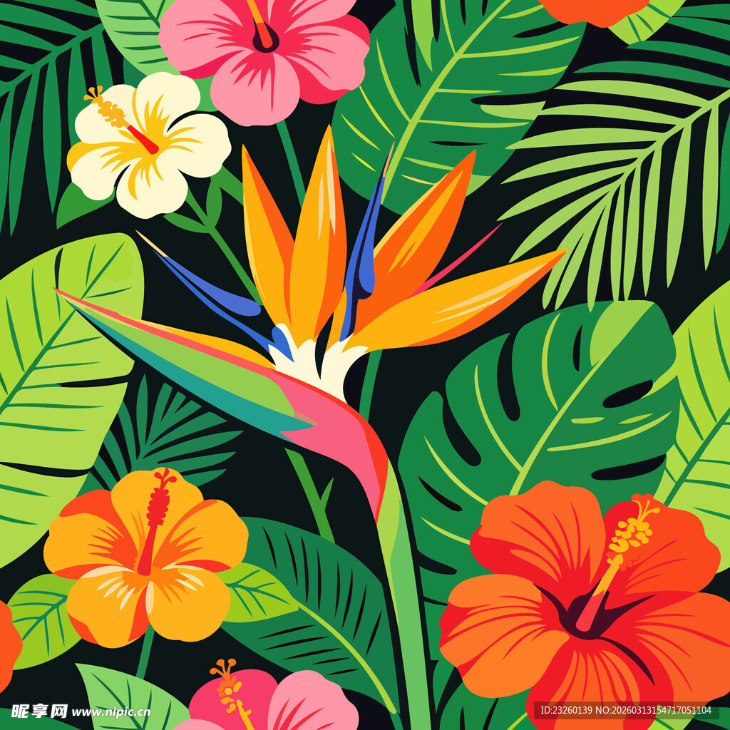 热带花卉植物绚丽插画