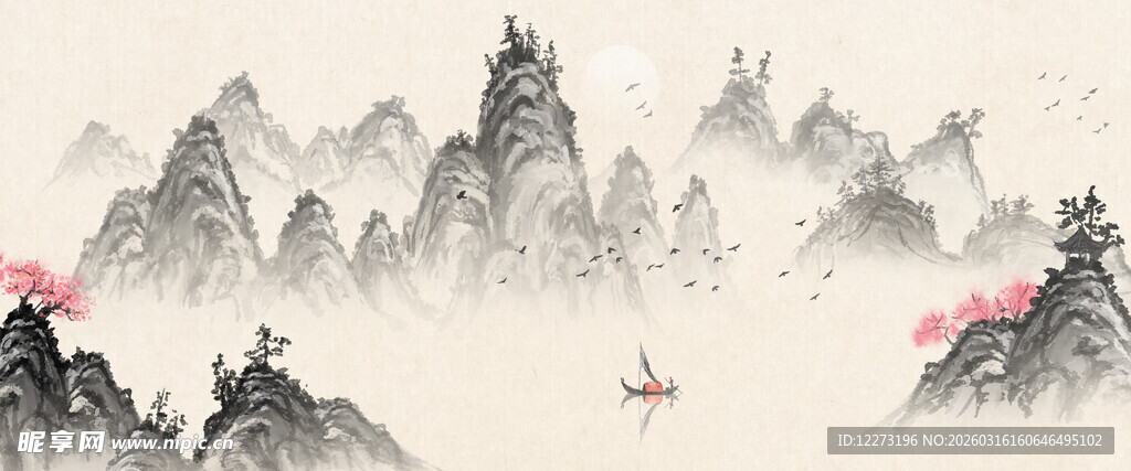 水墨山水间的孤舟意境