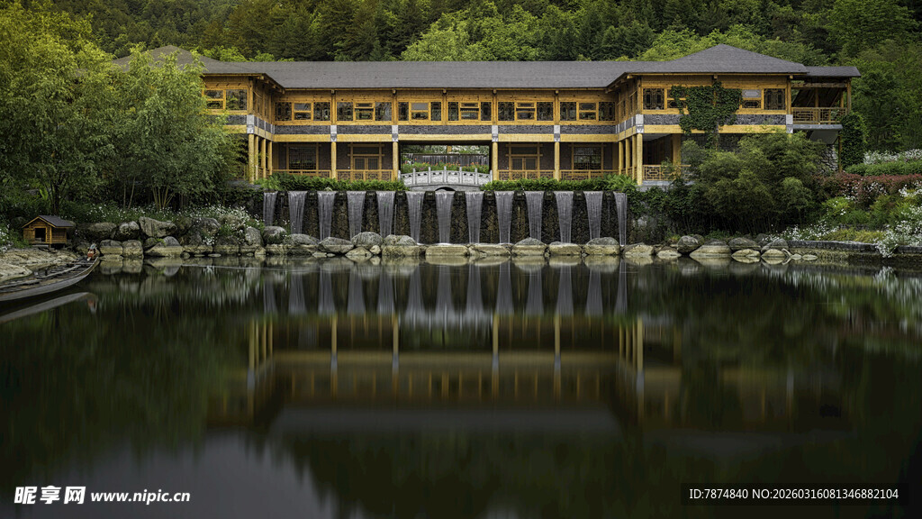 湖畔中式建筑倒影美景