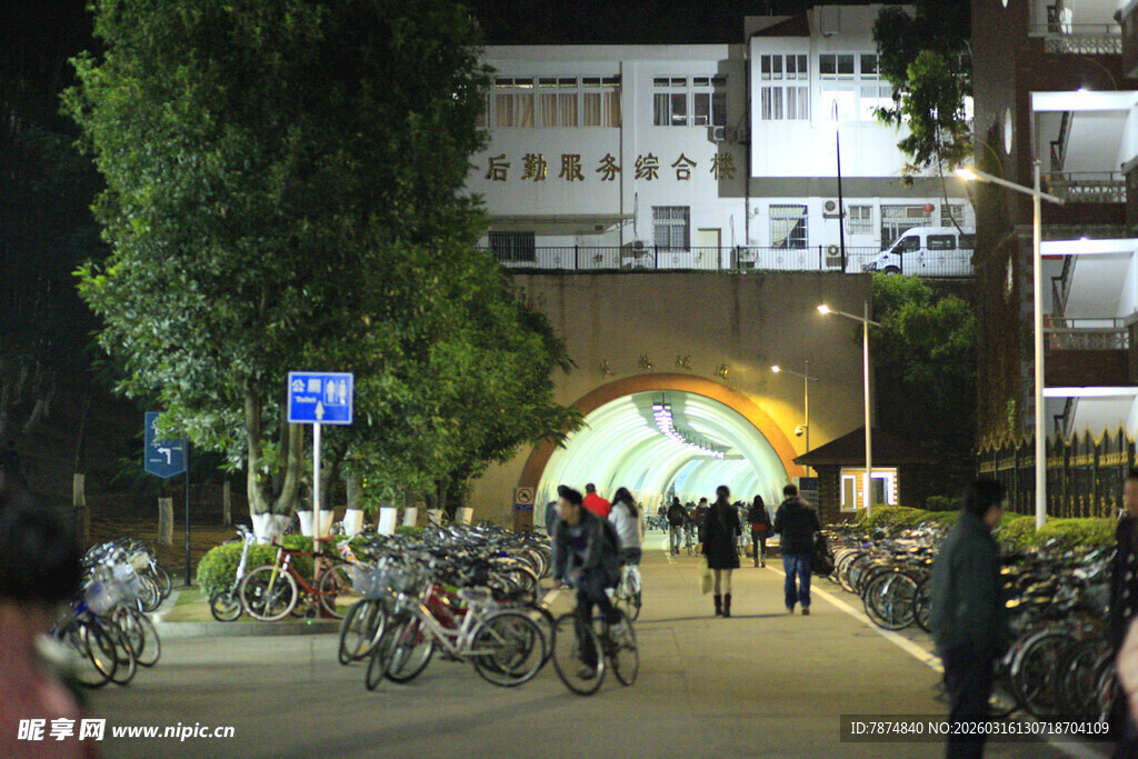 夜晚校园拱桥下的热闹景象