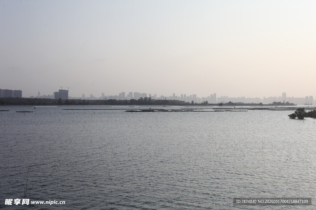 平静湖面与远处城市景观