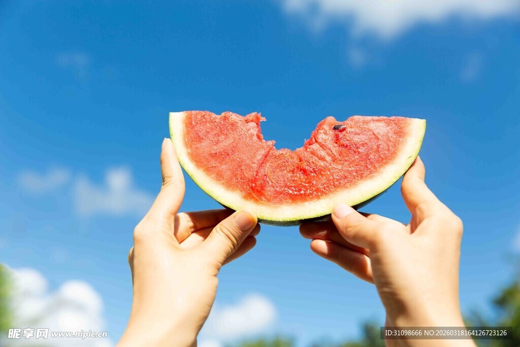 双手捧起咬过的甜美西瓜