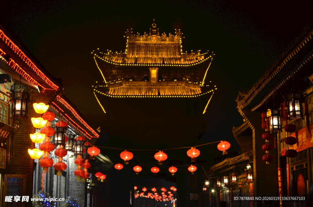 古街夜景 灯火辉煌的楼阁