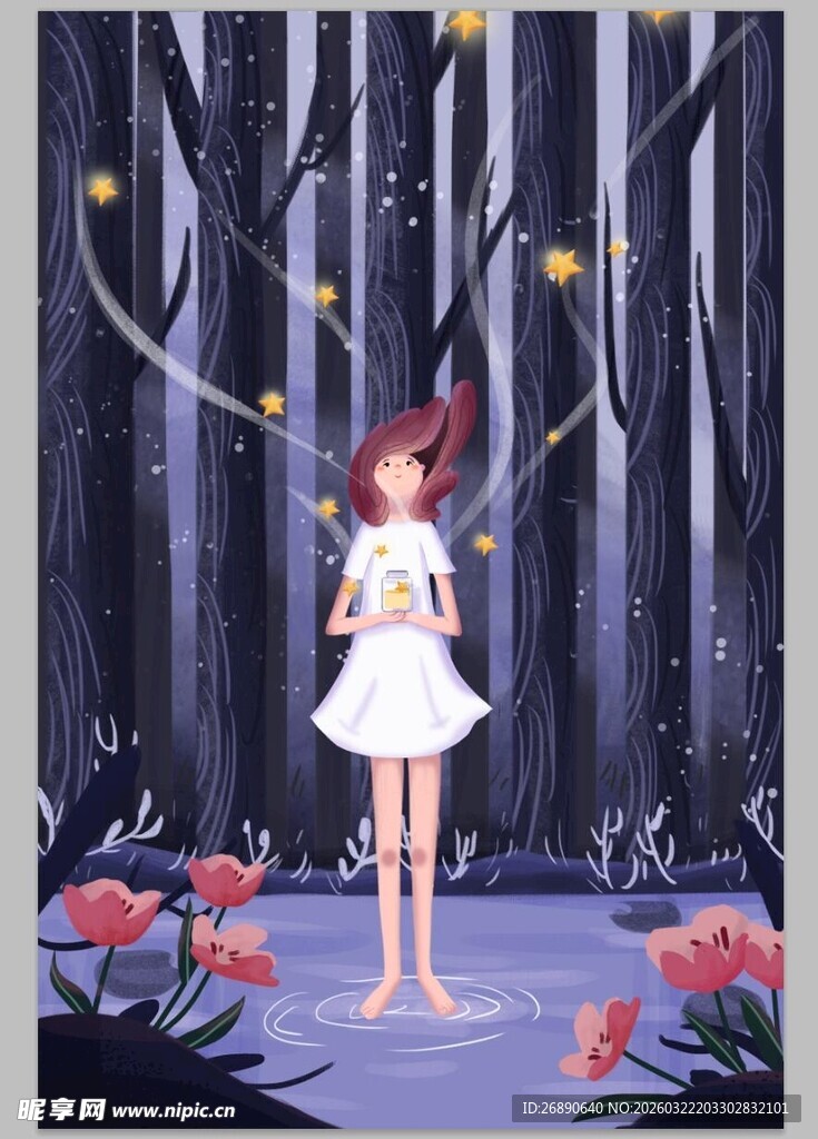 森林中的梦幻白衣少女