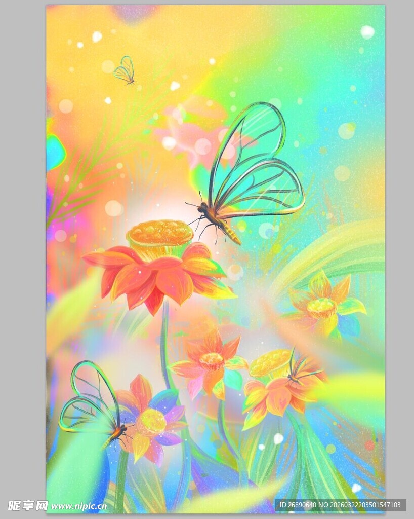 梦幻花卉与蝴蝶插画