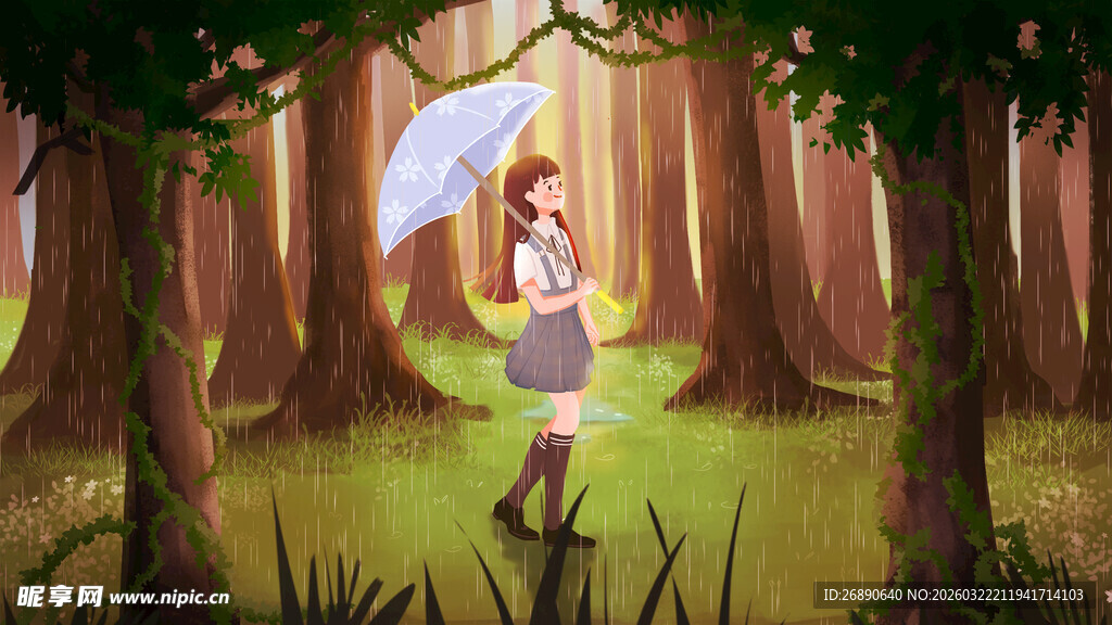 森林中撑伞漫步的梦幻女孩