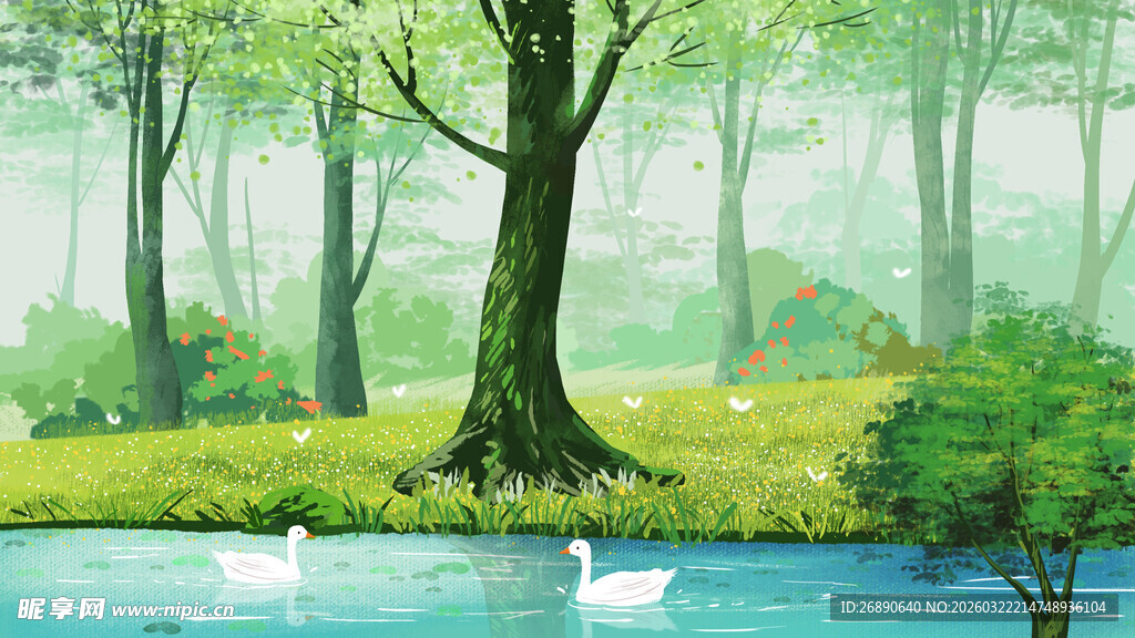 林间湖畔的优雅白鹅