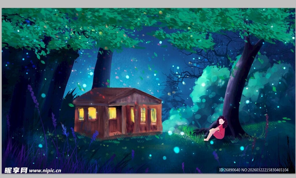 森林中的梦幻小屋与女孩