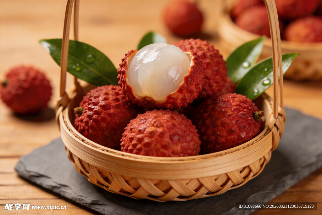 竹篮中新鲜诱人的荔枝