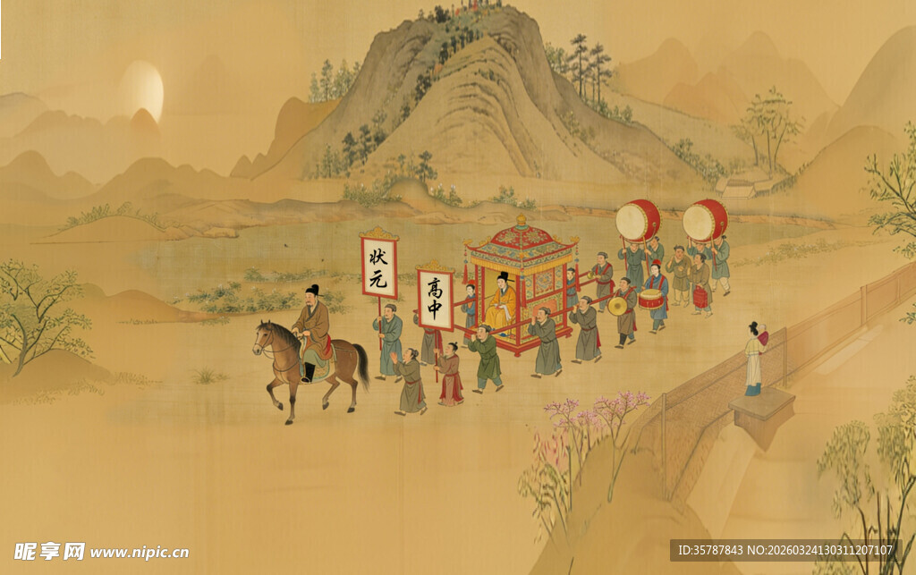 古代商队沙漠行进场景